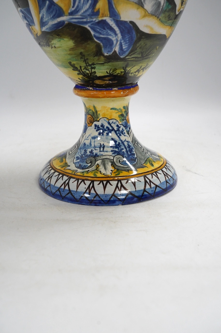 A tall late 19th/early 20th century Italian maiolica vase in Cantagalli style, with blue ‘M’ and crown mark, 66cm. Condition - poor